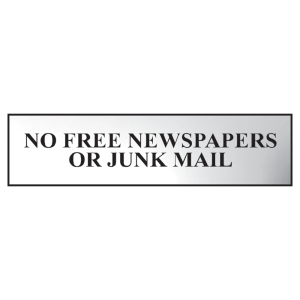 ASEC `No Free Newspapers or Junk Mail` 200mm x 50mm Metal Strip Self Adhesive Sign Chrome - Chrome Effect